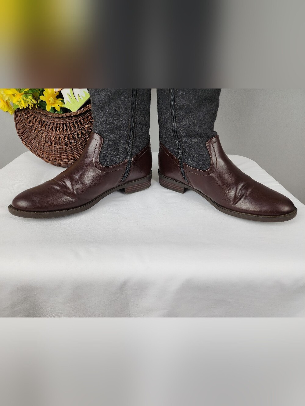 Tommy Hilfiger Madelen Tall Boots - Brown Leather & Grey Wool Sz 8 - Picture 5 of 11